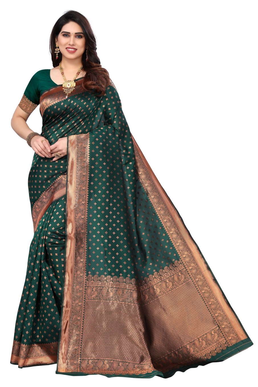 Women Varanga | Women'S Dark ::Gold Color Banarasi Silk Saree With Blouse - Varanga Green