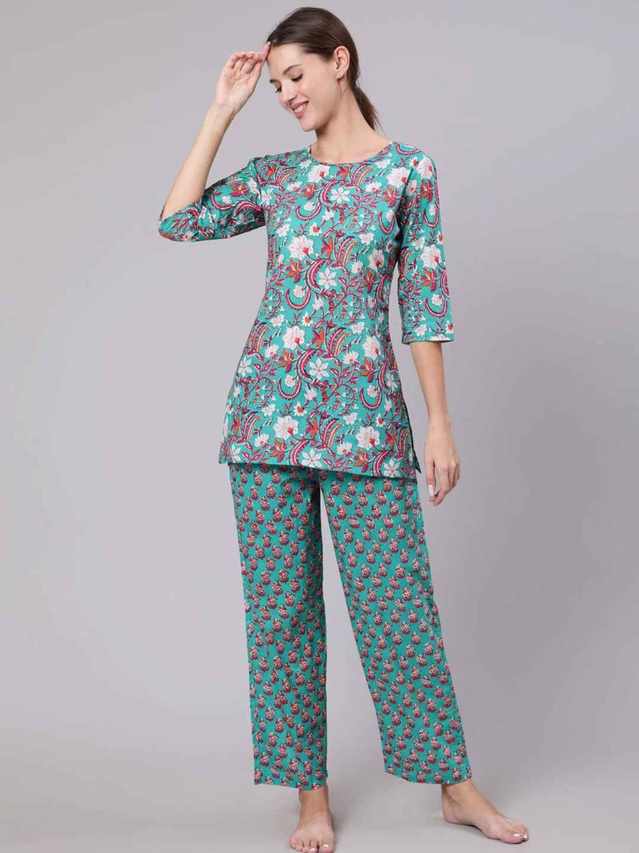 Women THE NKS PLUS | Women'S U0026 Pink Floral Printed Pure Cotton Night Suit - The Nks Plus Green