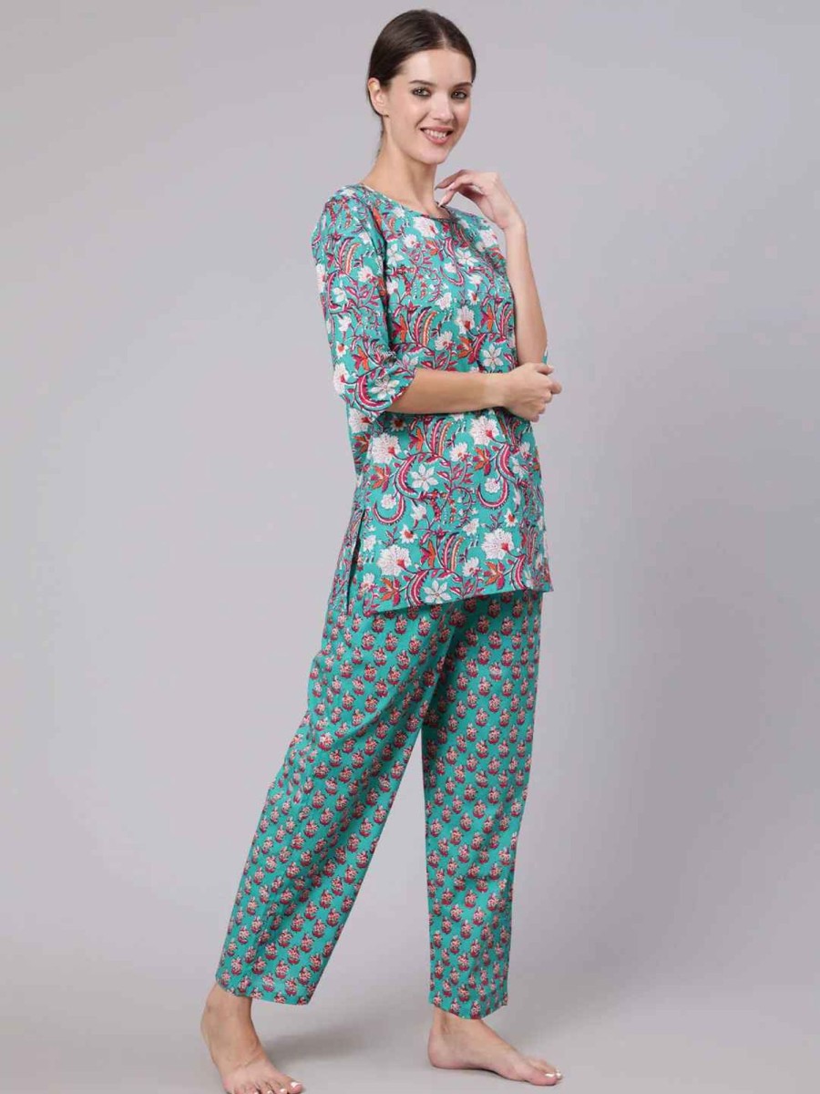 Women THE NKS PLUS | Women'S U0026 Pink Floral Printed Pure Cotton Night Suit - The Nks Plus Green