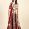 Women Phenav | Women'S Ethnic Motifs Printed V-Neck Embroidered Detailed Silk Fit Flare Ethnic Gown - Phenav Beige