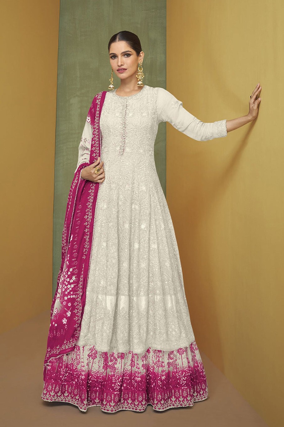 Women Monjolika | Women'S Faux Georgette Semi Stitched Embroidered Designer Suit - Monjolika Off White