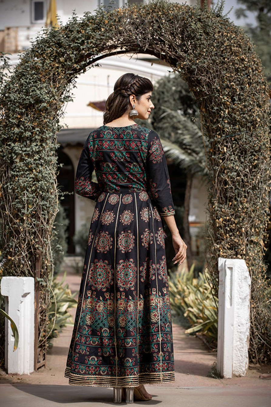 Women KAAJH | Women'S Gold Printed Ethnic Gown - Kaajh Black