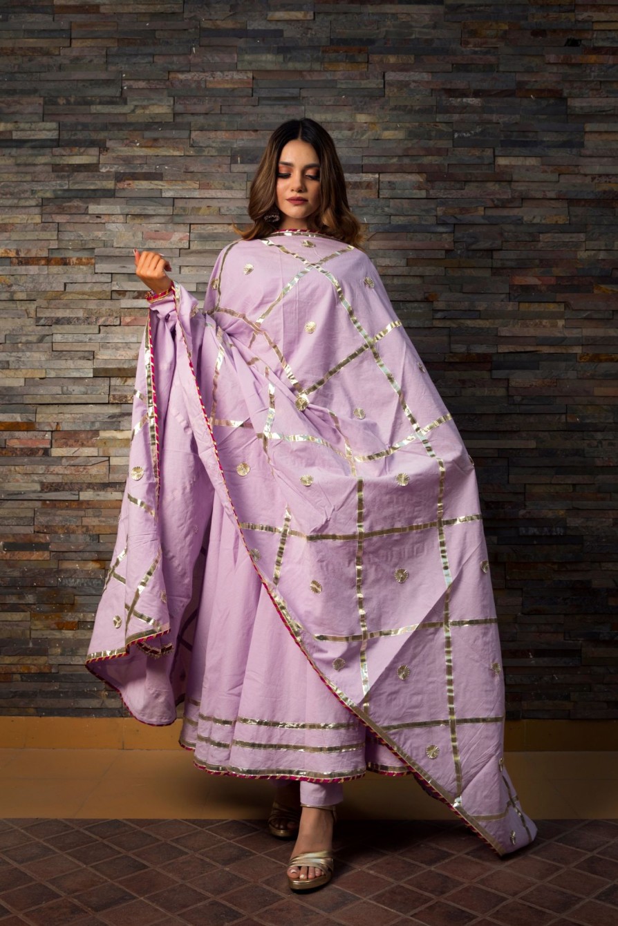 Women Pomcha Jaipur USA | Women'S Lavender Cotton Anarkali Kurta With Pant U0026 Dupatta (3Pcs Set) - Pomcha Jaipur Usa