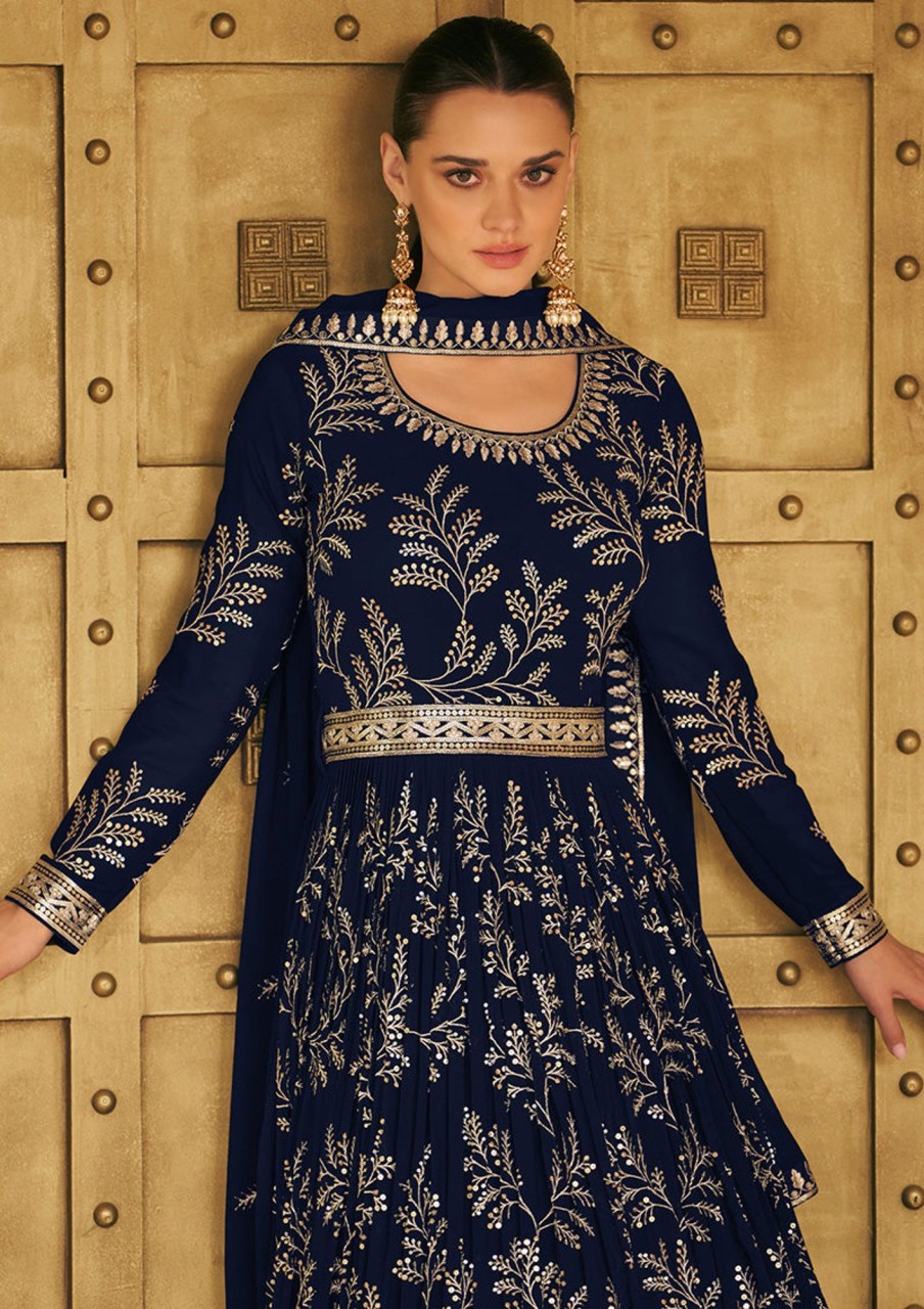 Women Monjolika | Women'S Dark Navy Color Georgette Embroidered Stitched Partywear Suit - Monjolika Blue