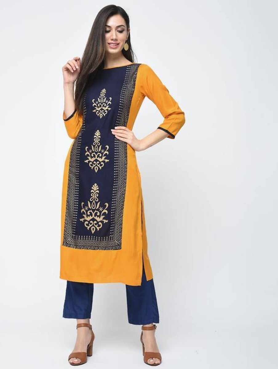 Women Aniyah | Women'S Block Printed Straight Kurta - Aniyah Mustard