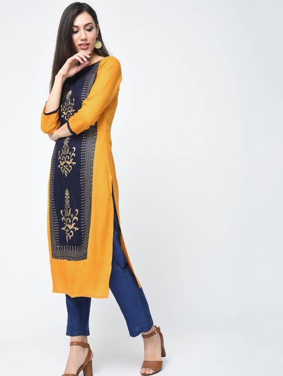 Women Aniyah | Women'S Block Printed Straight Kurta - Aniyah Mustard