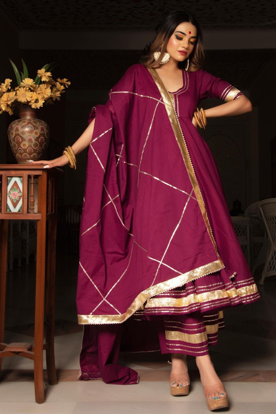 Women Pomcha Jaipur | Women'S Burgundy Pure Cotton Anarkali Set - Pomcha Jaipur