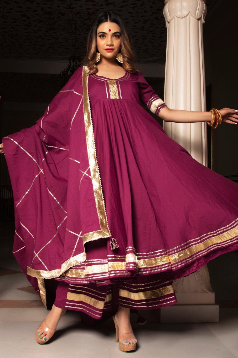 Women Pomcha Jaipur | Women'S Burgundy Pure Cotton Anarkali Set - Pomcha Jaipur