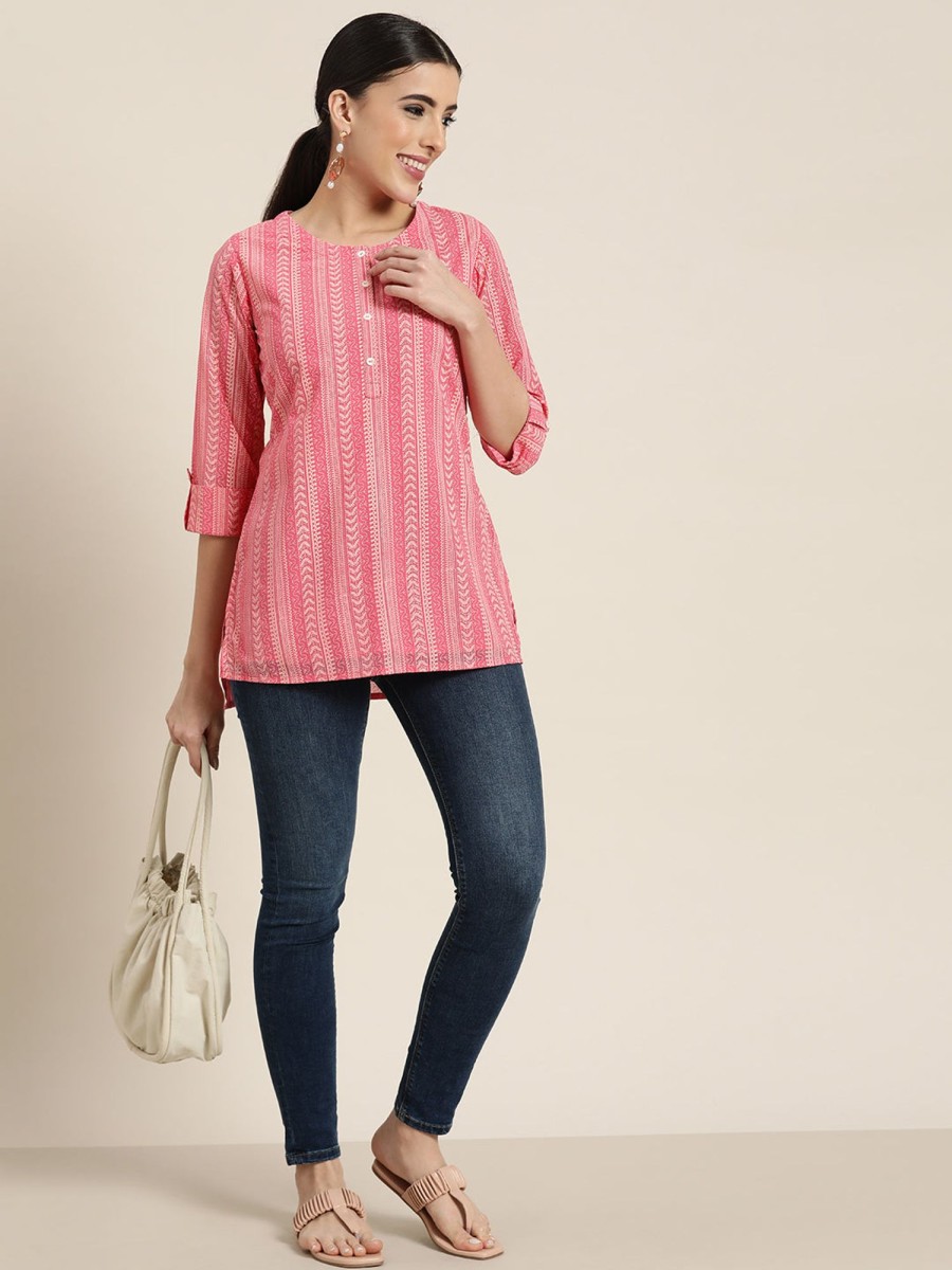 Women Juniper | Women'S Georgette Printed High-Low Tunic - Juniper Pink