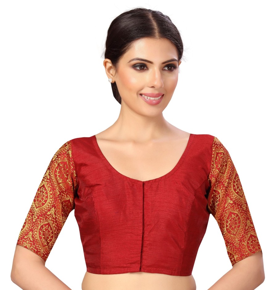 Women Shringaar | Women'S S Elbow Length Sleeves Silky Saree Blouse With Brocade Sleeves. - Shringaar Maroon