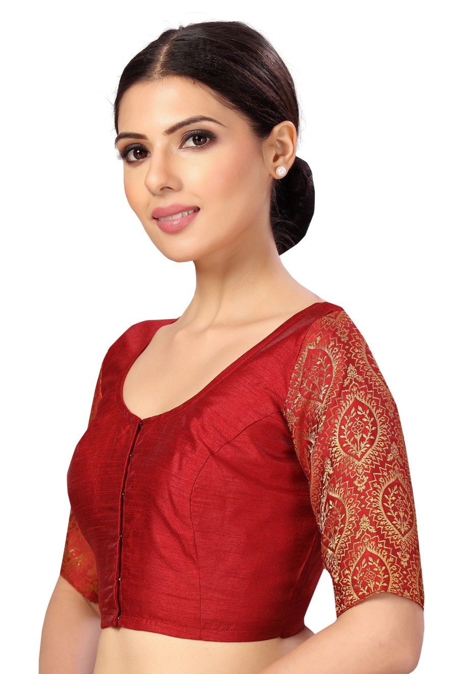 Women Shringaar | Women'S S Elbow Length Sleeves Silky Saree Blouse With Brocade Sleeves. - Shringaar Maroon