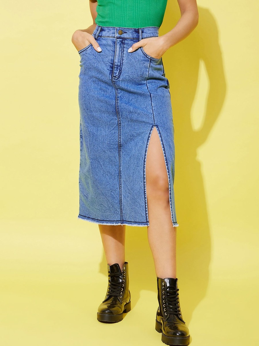 Women StyleStone | Women'S Denim Midi Skirt With Side Slit - Stylestone Blue