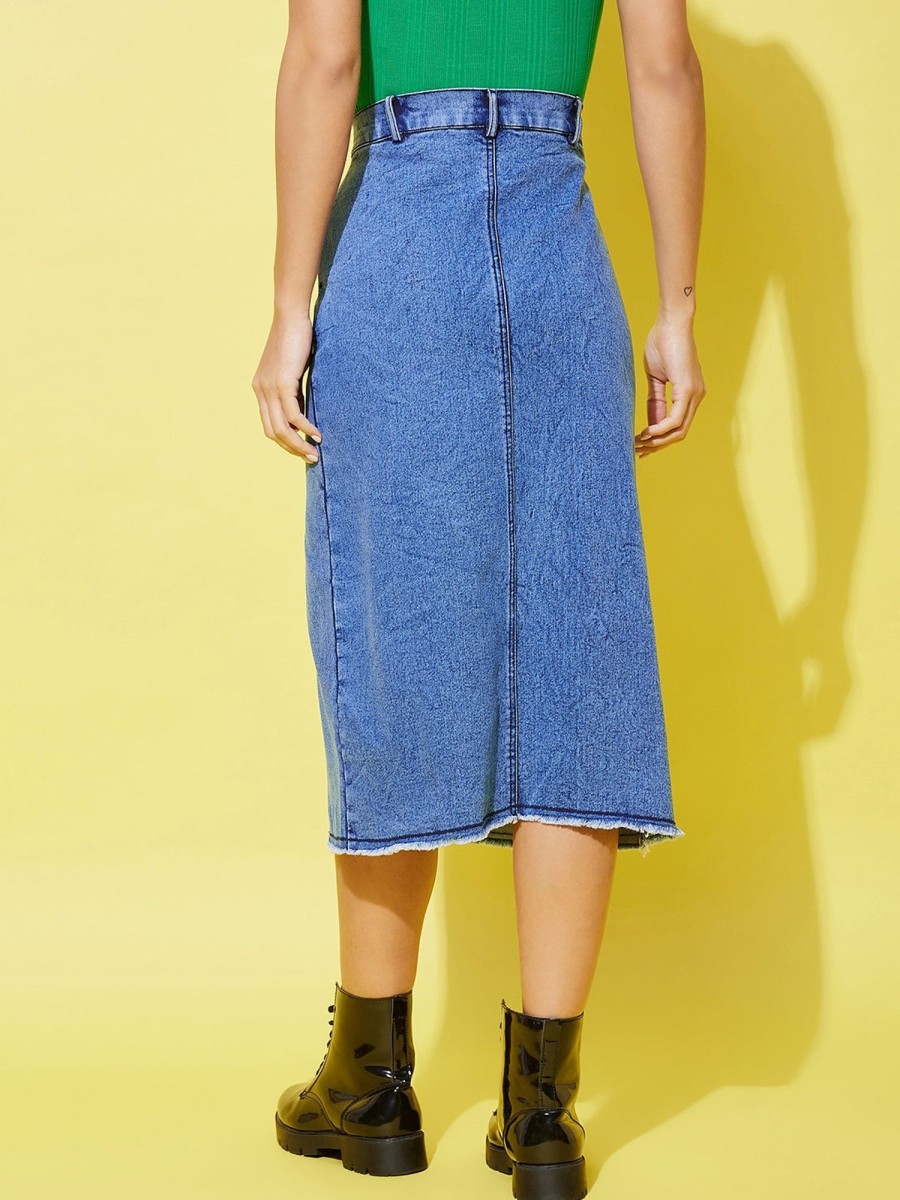 Women StyleStone | Women'S Denim Midi Skirt With Side Slit - Stylestone Blue