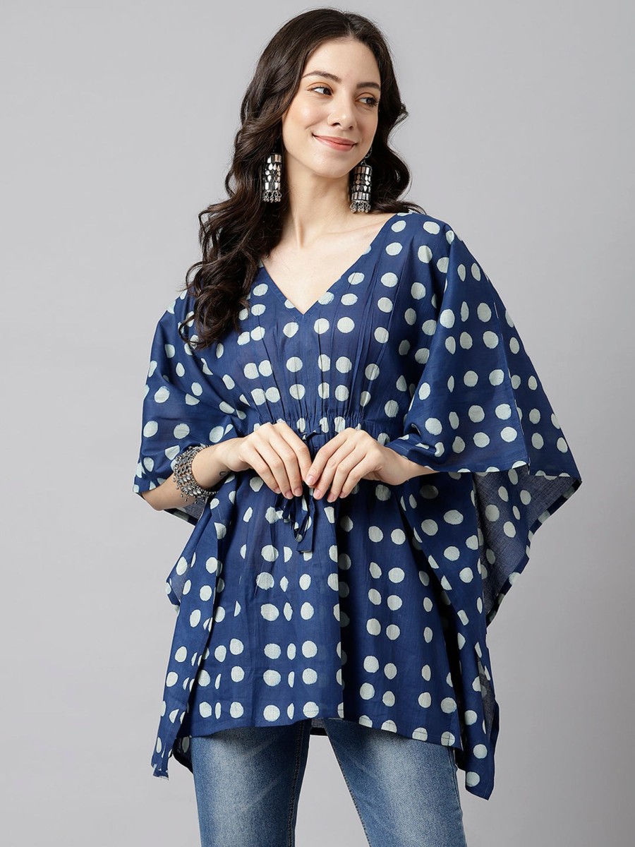 Women DECKEDUP | Women'S Indigo Printed Cotton Kaftan Top - Deckedup Blue