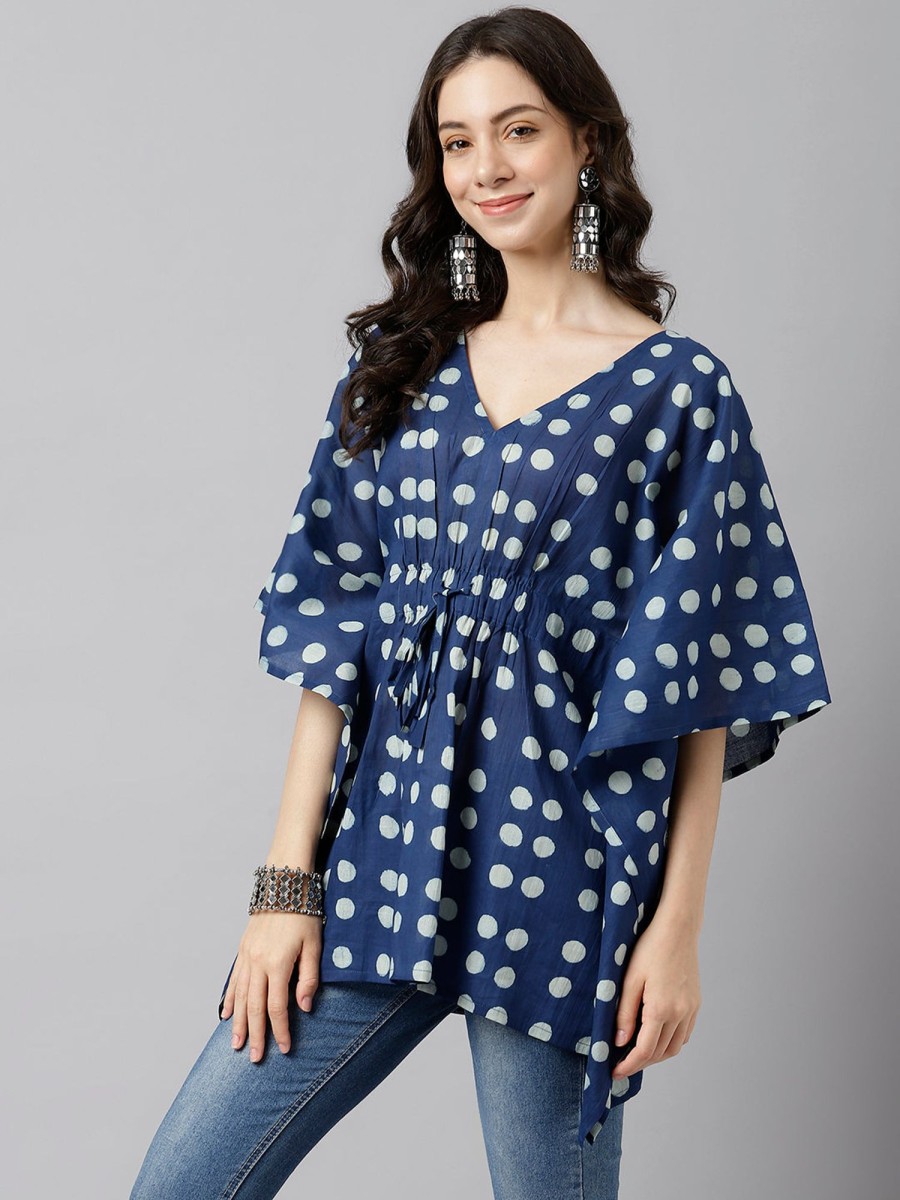 Women DECKEDUP | Women'S Indigo Printed Cotton Kaftan Top - Deckedup Blue