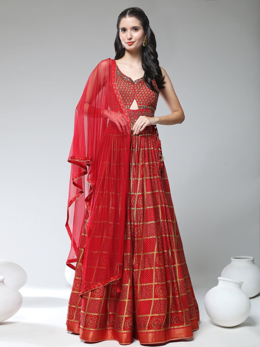 Women Phenav | Women'S Ethnic Motifs Printed Embellished Ethnic Gown With Dupatta - Phenav Red