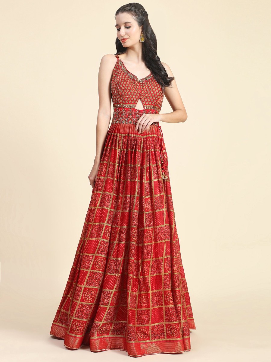 Women Phenav | Women'S Ethnic Motifs Printed Embellished Ethnic Gown With Dupatta - Phenav Red