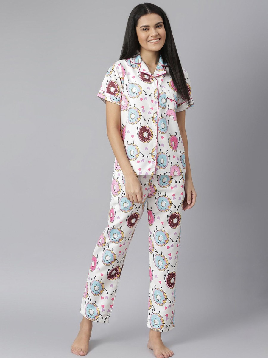 Women StyleStone | Women'S Doughnut Digital Printed Night Suit Set - Stylestone White