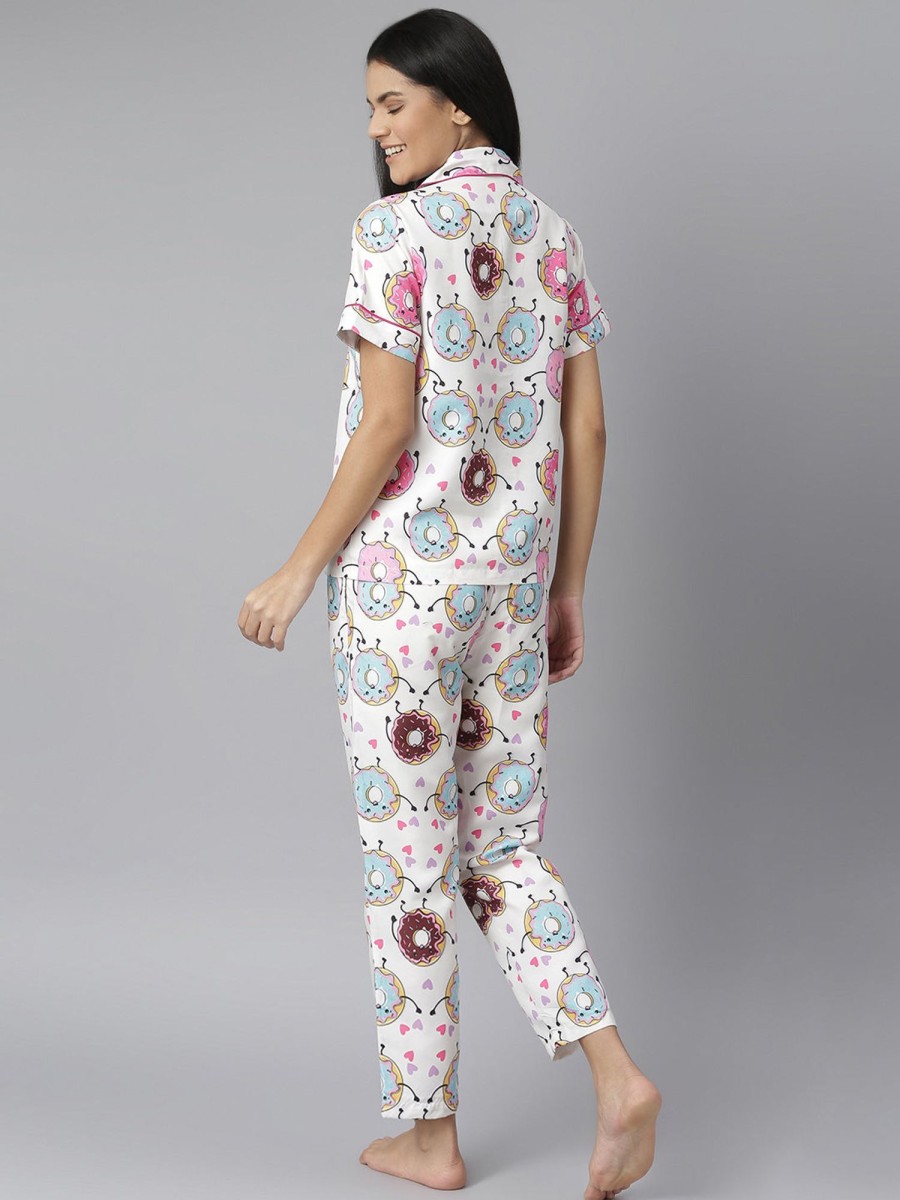 Women StyleStone | Women'S Doughnut Digital Printed Night Suit Set - Stylestone White