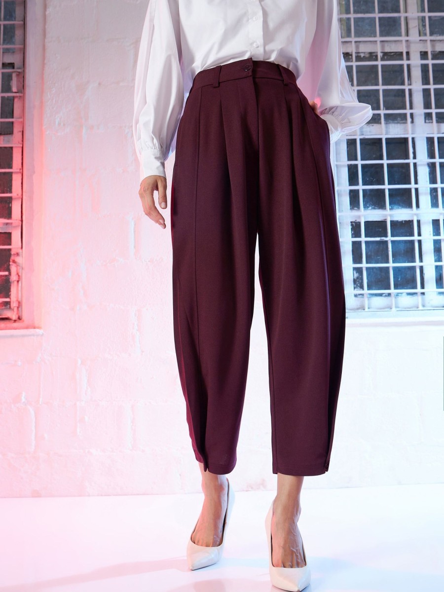 Women Lyush | Women'S Burgundy Button Hem Darted Balloon Pants - Lyush