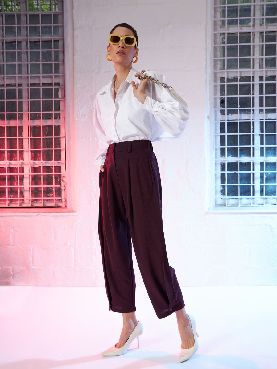 Women Lyush | Women'S Burgundy Button Hem Darted Balloon Pants - Lyush