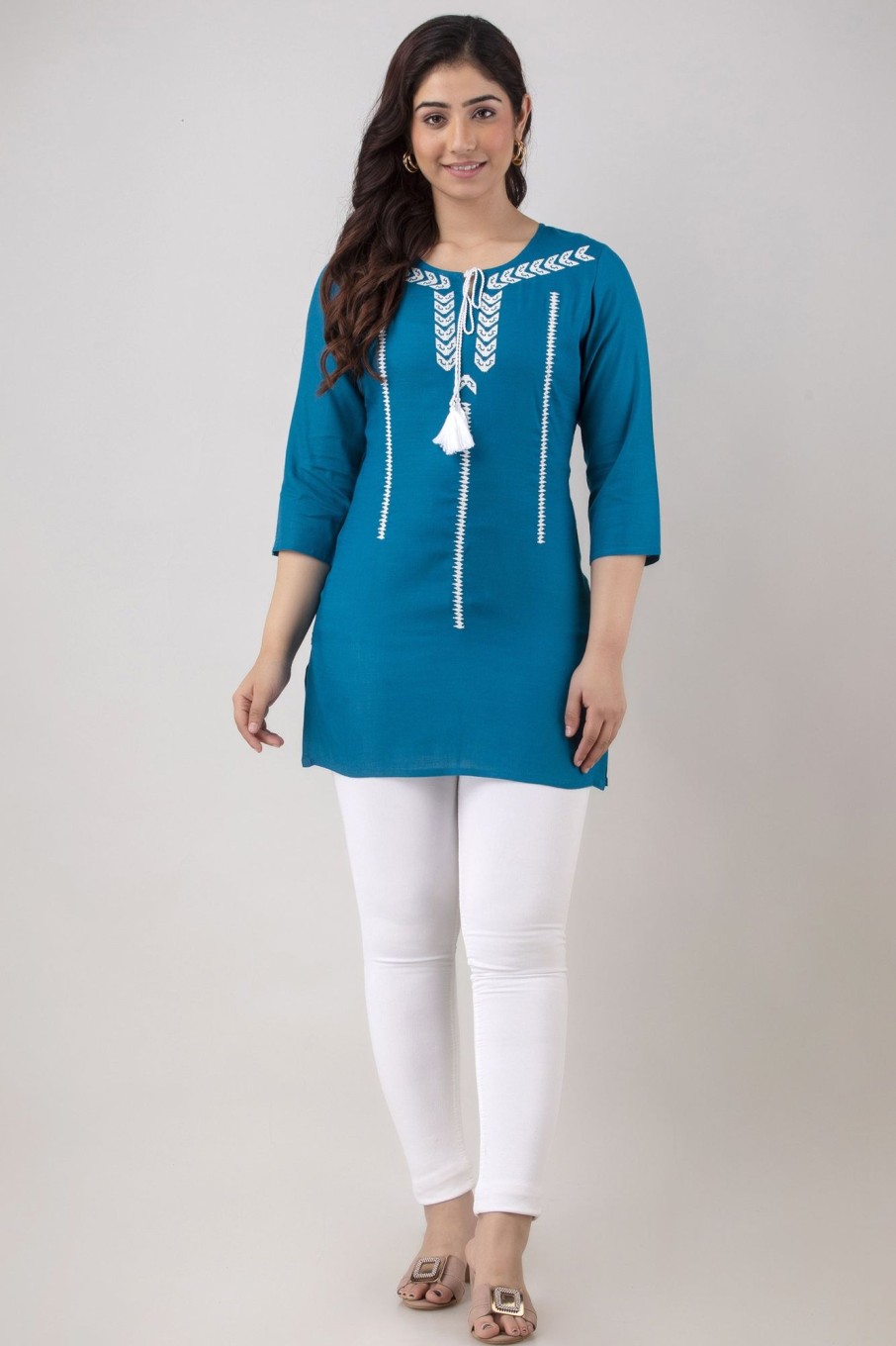 Women Charu | Women'S Embroidered Viscose Rayon Regular Top (Sky ) - Charu Blue