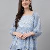 Women Janasya | Women'S Floral Print Georgette Tops - Janasya Blue