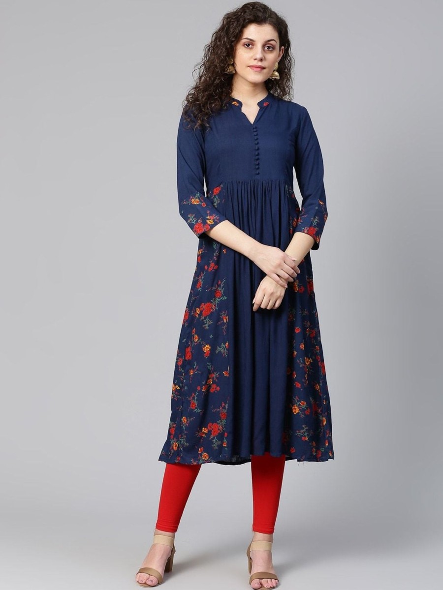 Women Meeranshi | Women'S U0026 Red Floral Print Detail A-Line Kurta - Meeranshi Navy Blue