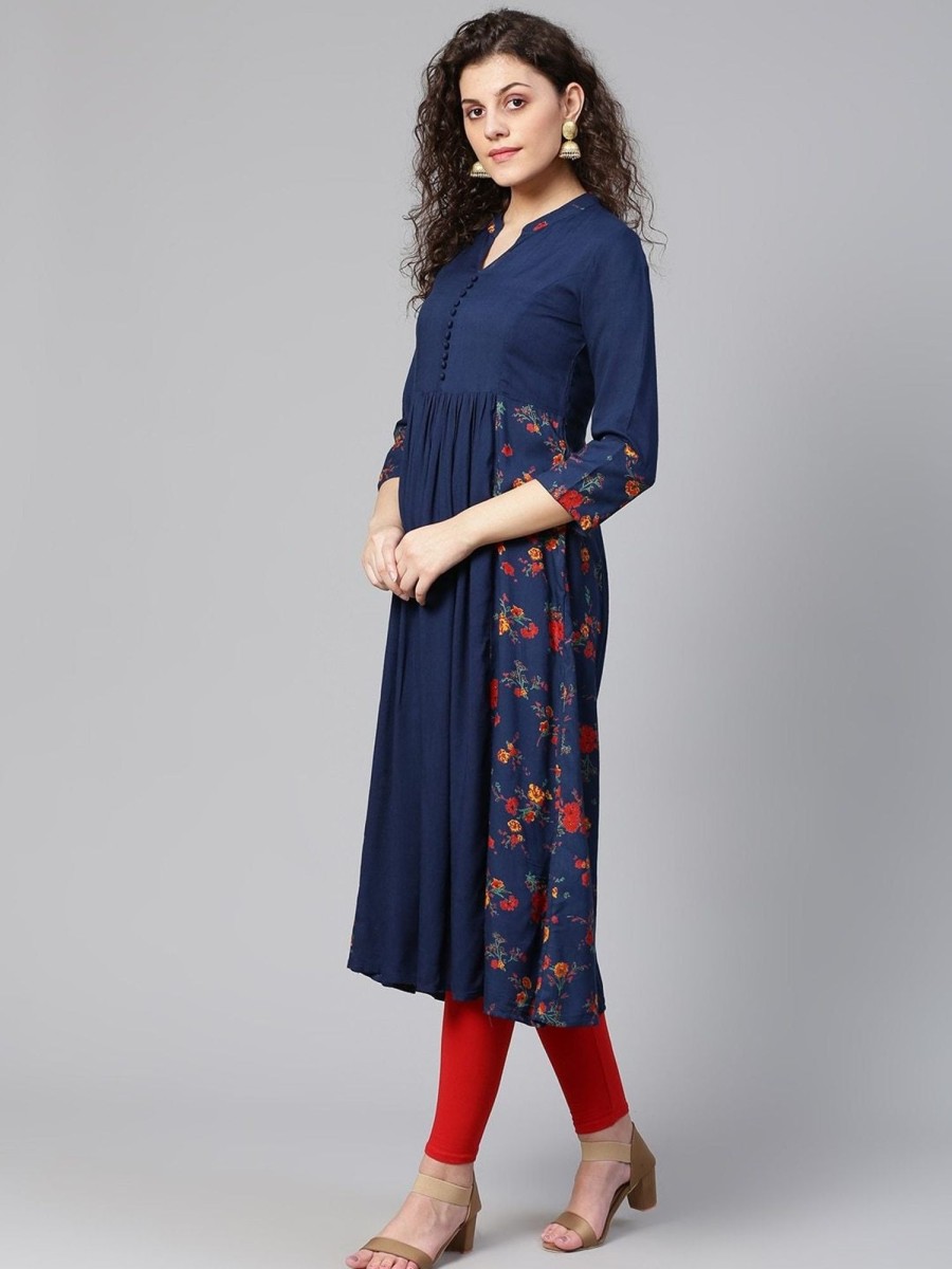 Women Meeranshi | Women'S U0026 Red Floral Print Detail A-Line Kurta - Meeranshi Navy Blue