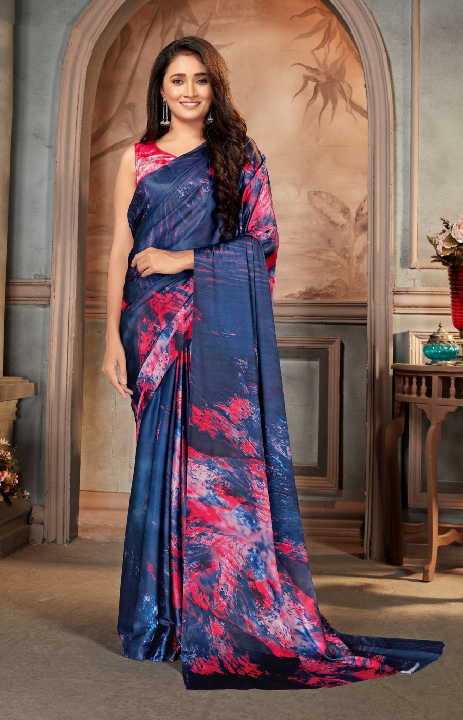 Women Monjolika | Women'S Monjolika Fashion Blue Color Satin Digital Print Saree - Monjolika