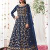 Women Monjolika | Women'S Navy Soft Net Semi Stitched Embroidered Wedding Dress - Monjolika Blue