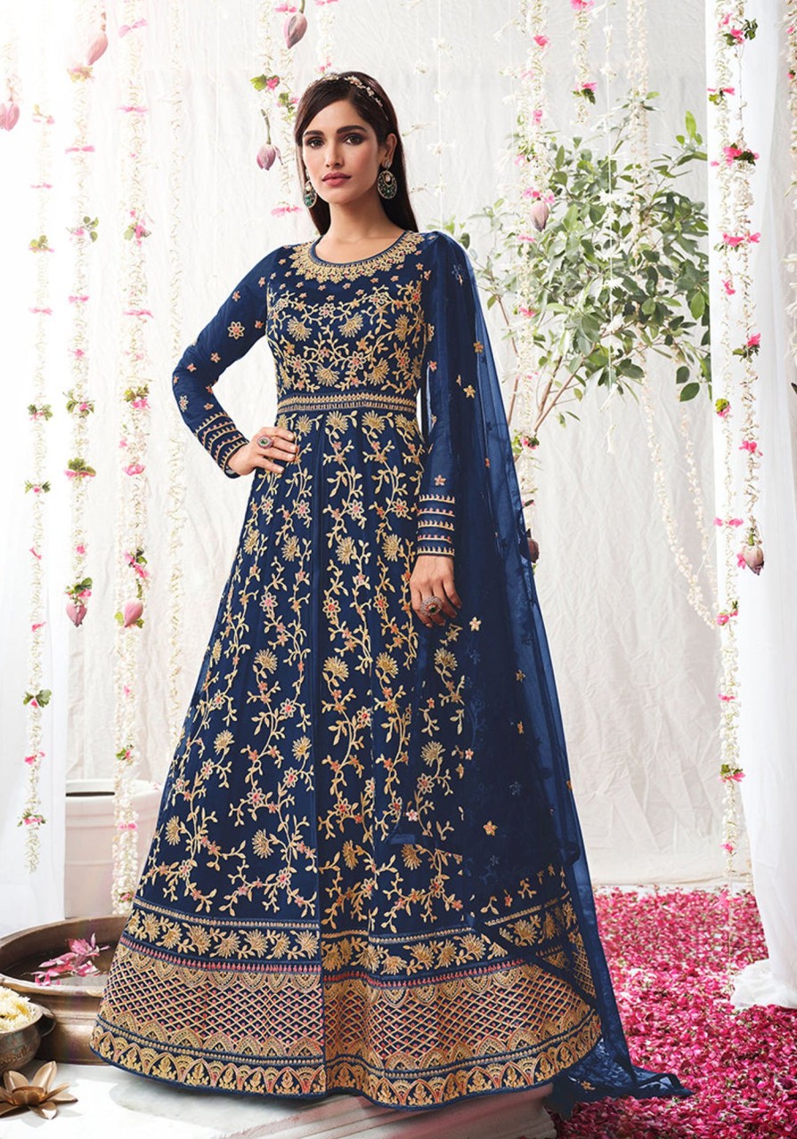 Women Monjolika | Women'S Navy Soft Net Semi Stitched Embroidered Wedding Dress - Monjolika Blue