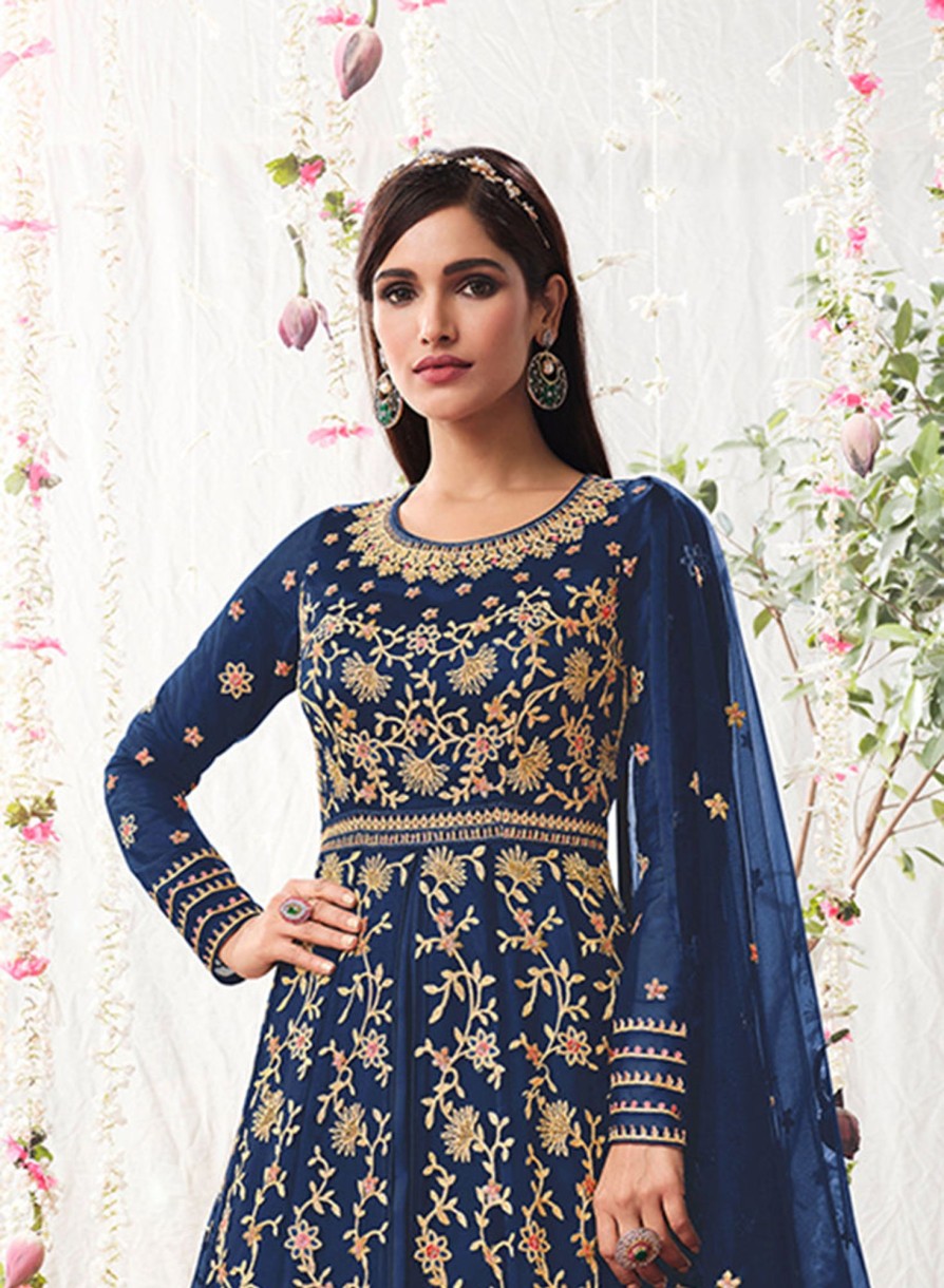 Women Monjolika | Women'S Navy Soft Net Semi Stitched Embroidered Wedding Dress - Monjolika Blue