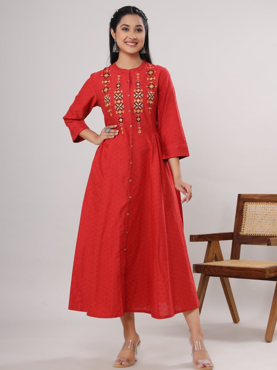 Women VASVI | Women'S Embroide Viscose Rayon Ethnic Dress( ) - Vasvi Red