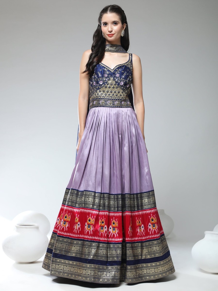 Women Phenav | Women'S Ethnic Motifs Printed V-Neck Embroidred Detailed Silk Fit Flare Ethnic Gown - Phenav Purple