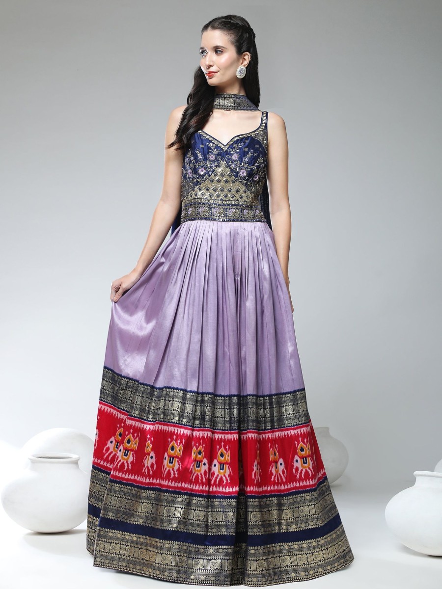 Women Phenav | Women'S Ethnic Motifs Printed V-Neck Embroidred Detailed Silk Fit Flare Ethnic Gown - Phenav Purple