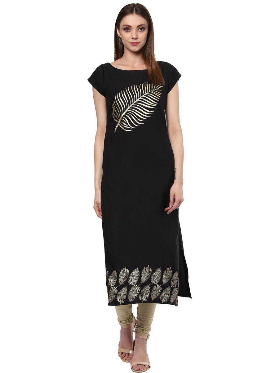 Women Ziyaa | Women'S Colour Foil Print Crepe Straight Kurta By Ziyaa Black