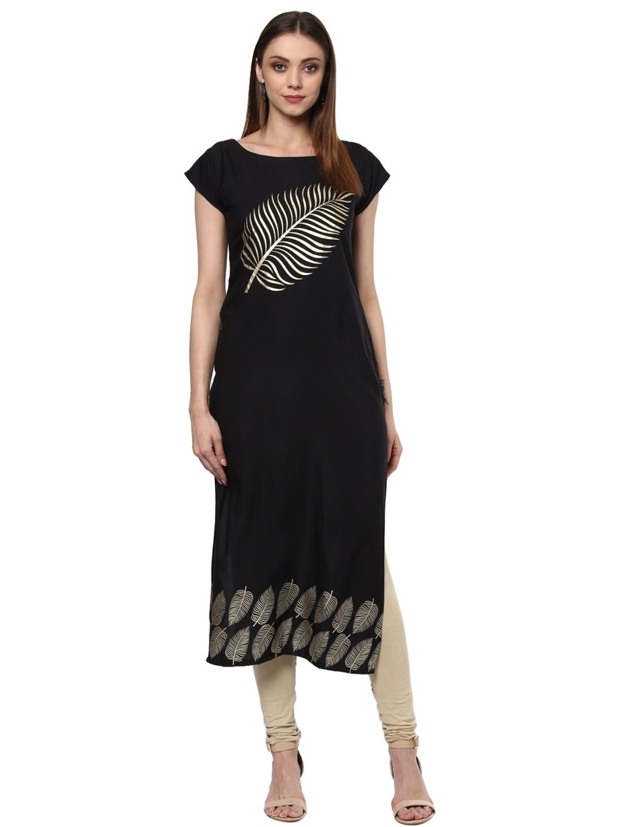 Women Ziyaa | Women'S Colour Foil Print Crepe Straight Kurta By Ziyaa Black