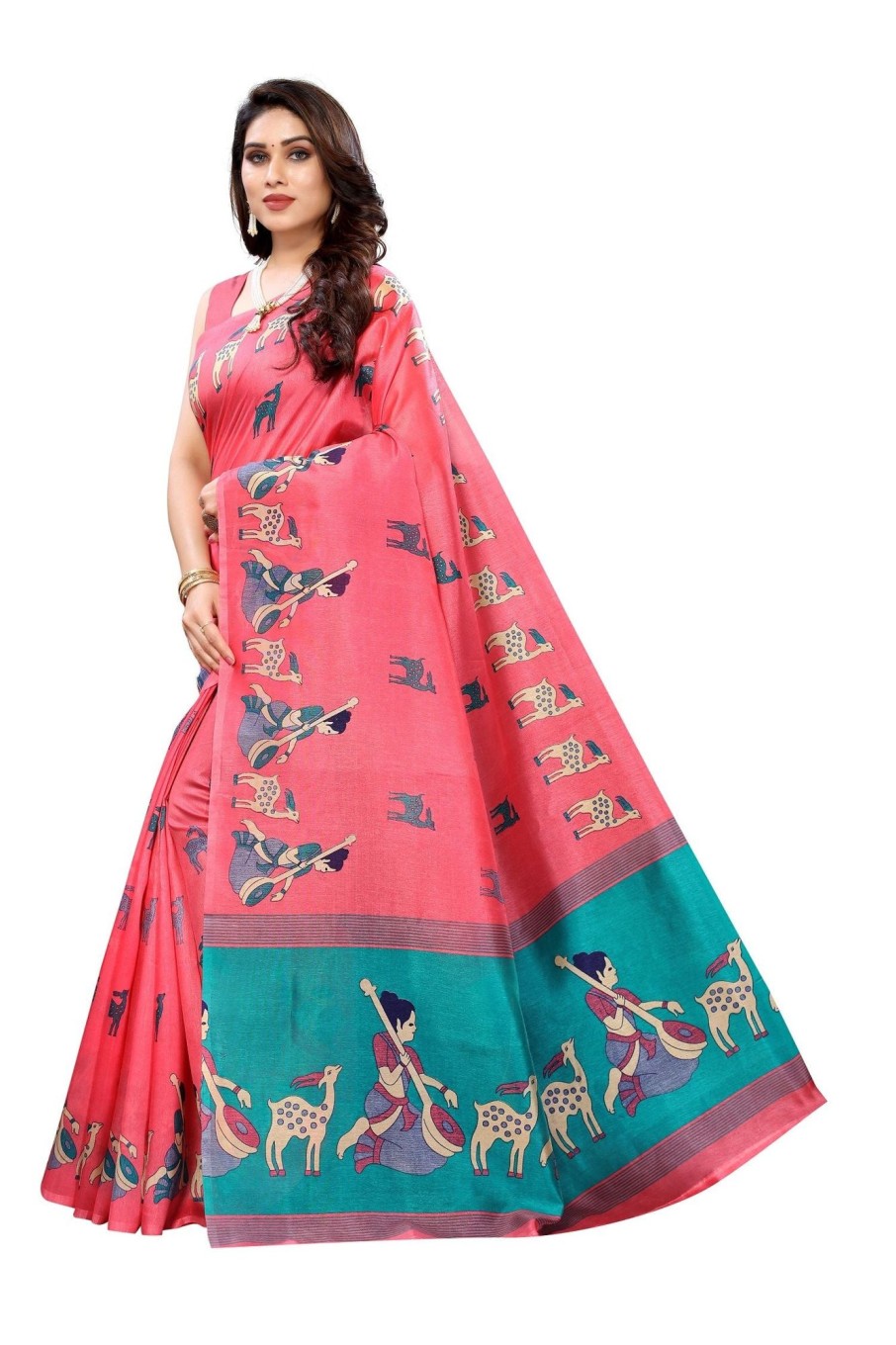 Women Vamika | Women'S Vamika Orange Kalamkari With Jhalar Khadi Silk Saree Maithali Vamika Pink