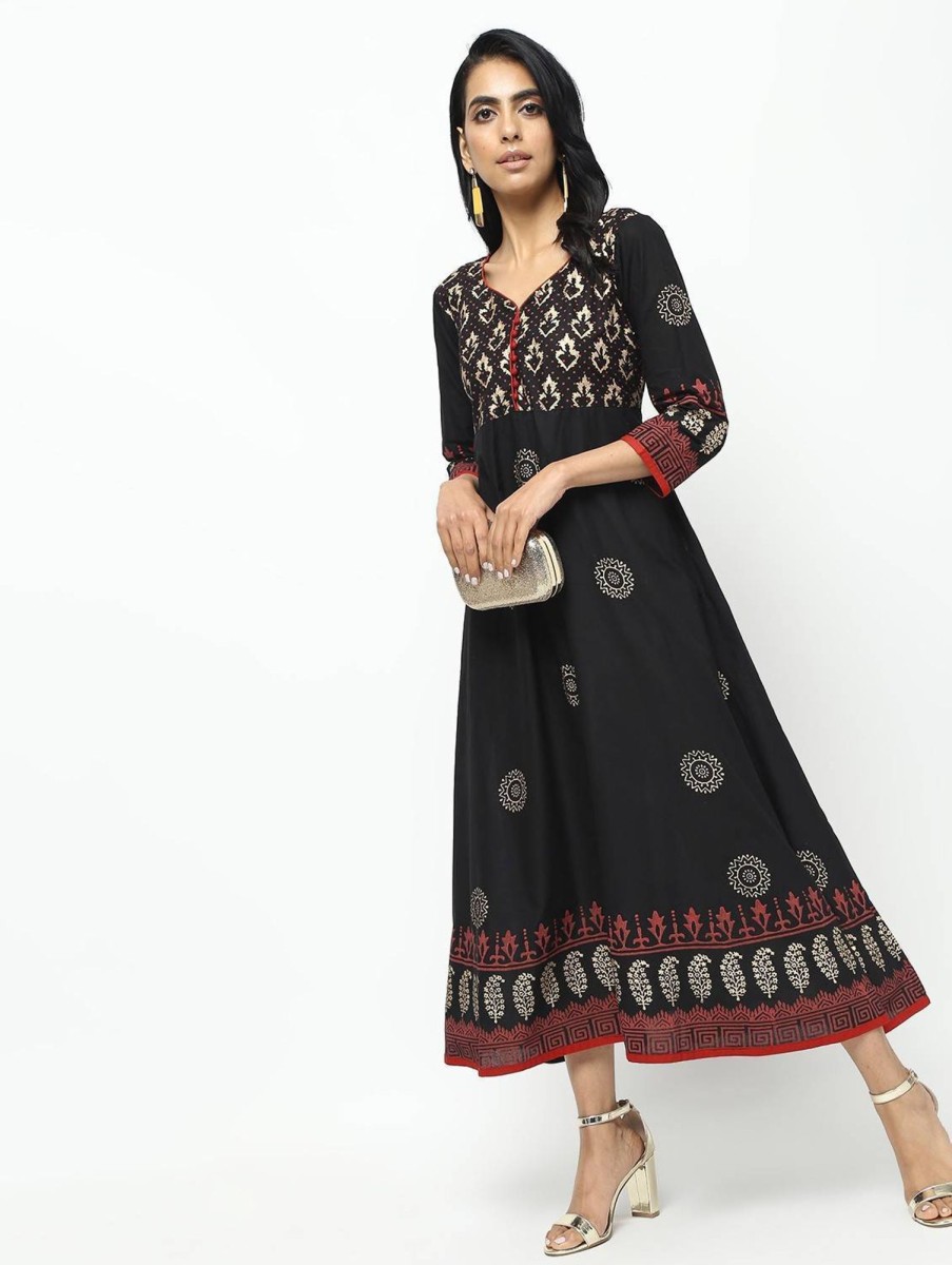 Women CHEERA | Women'S Front Contrast Butning And Beautiful Block Print Design Anarkali Kurta Only - Cheera Black