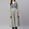 Women Miravan | Women'S Floral Printed Anarkali Pure Cotton Kurta With Palazzo Set - Miravan Blue