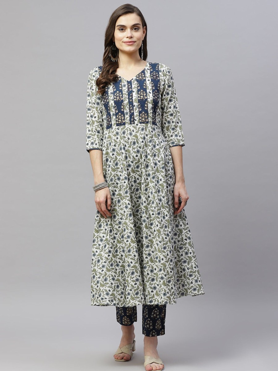 Women Miravan | Women'S Floral Printed Anarkali Pure Cotton Kurta With Palazzo Set - Miravan Blue