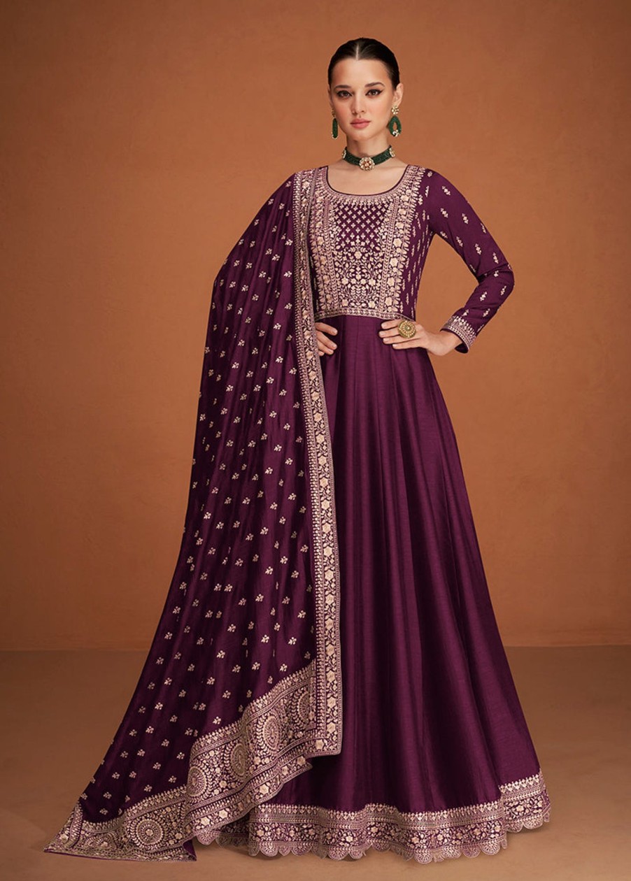 Women Monjolika | Women'S Dark Color Pure Silk Embroidered Stitched Anarkali Suit - Monjolika Wine