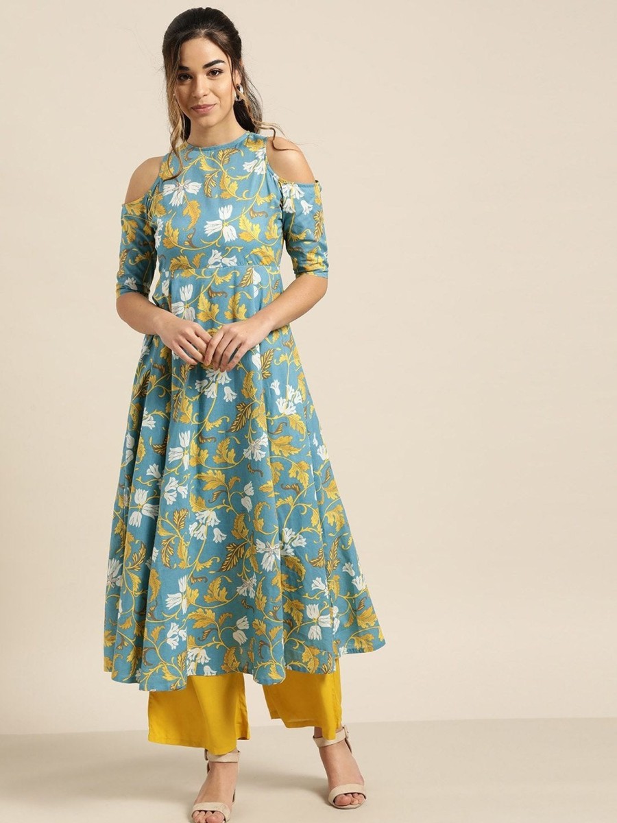 Women SHAE | Women'S Turquoise Floral Cold Shoulder Midi Kurta - Shae