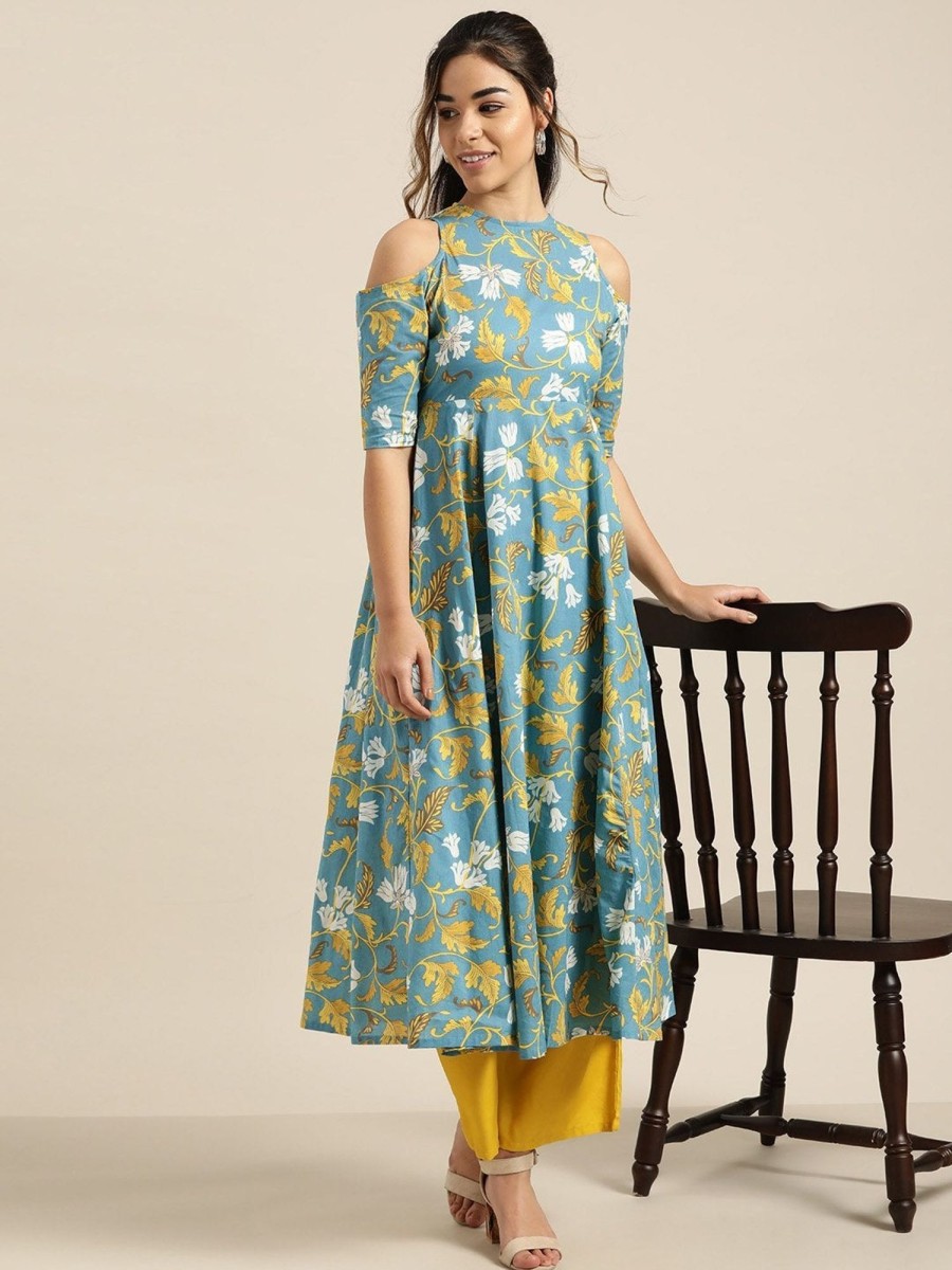 Women SHAE | Women'S Turquoise Floral Cold Shoulder Midi Kurta - Shae