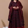 Women Miravan | Women'S Plus Size Navy Blue Printed Cotton Anarkali Kurta U0026 Dupatta - Miravan Maroon