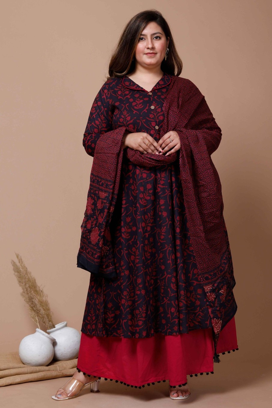 Women Miravan | Women'S Plus Size Navy Blue Printed Cotton Anarkali Kurta U0026 Dupatta - Miravan Maroon