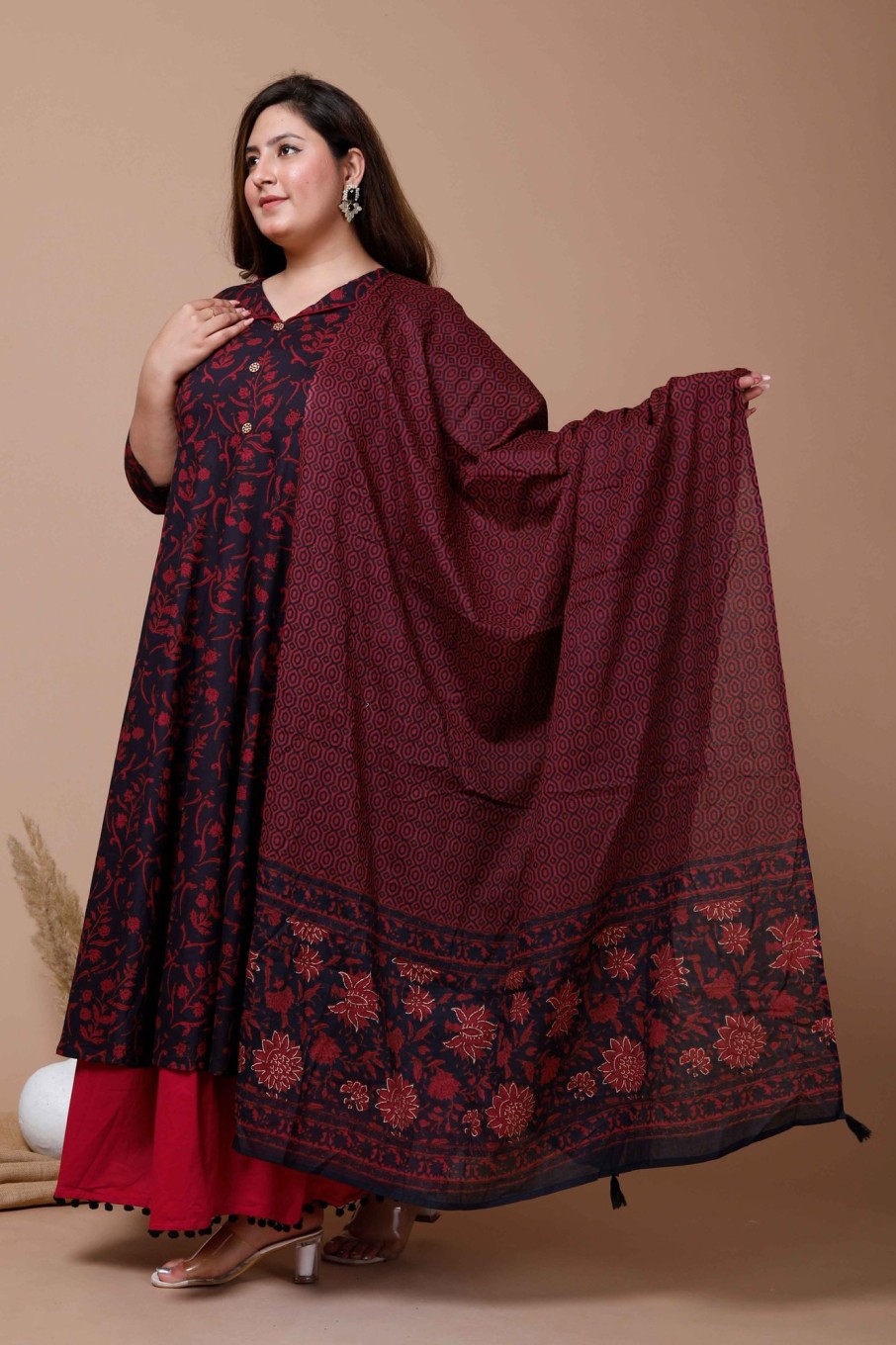 Women Miravan | Women'S Plus Size Navy Blue Printed Cotton Anarkali Kurta U0026 Dupatta - Miravan Maroon