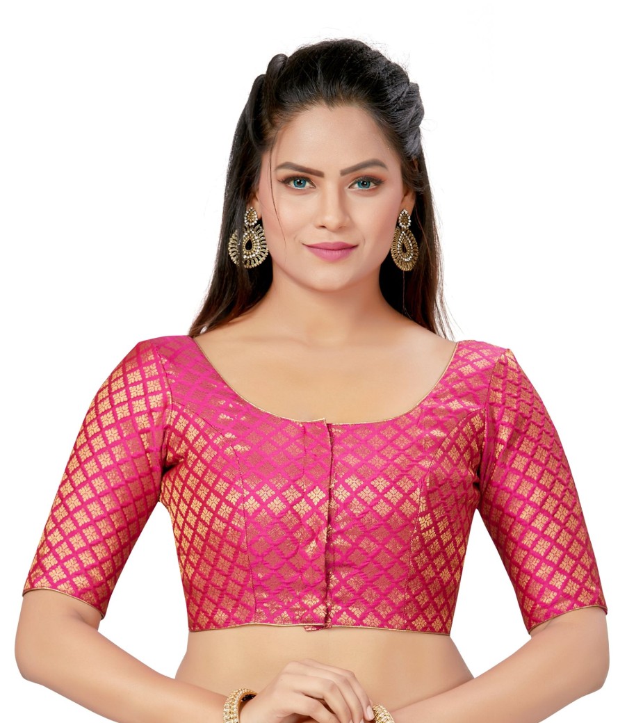 Women Madhu Fashion | Women'S Polyester Brocade Readymade Saree Blouse With Elbow Length Sleeves - Madhu Fashion Pink