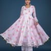 Women Pomcha Jaipur | Women'S Pink Lily Organza Anarkali Set - Pomcha Jaipur White